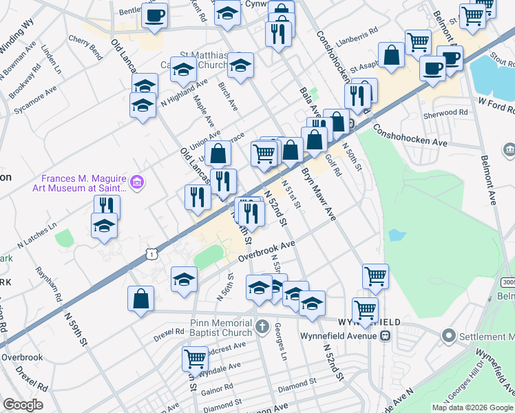 map of restaurants, bars, coffee shops, grocery stores, and more near 5200 City Avenue in Philadelphia