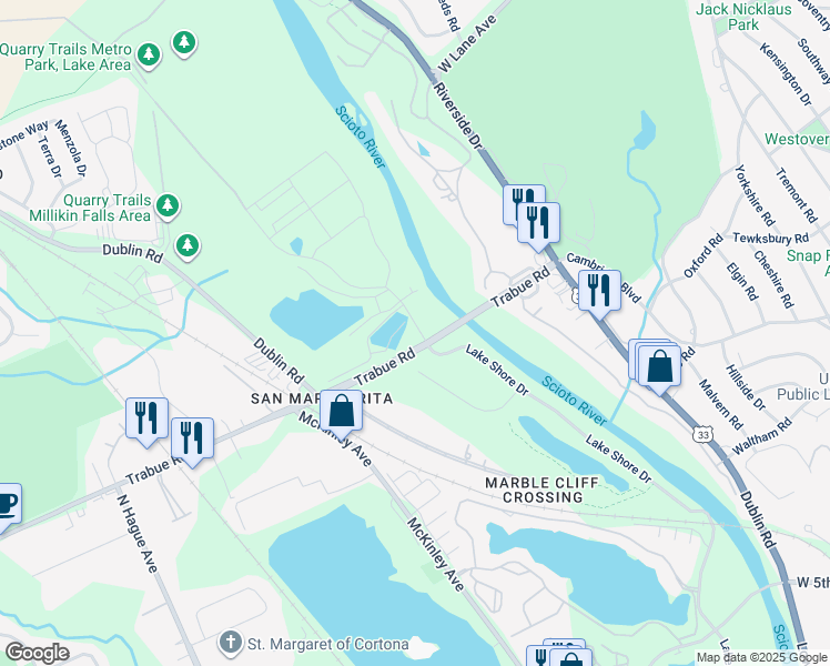 map of restaurants, bars, coffee shops, grocery stores, and more near 3136 Trabue Road in Columbus