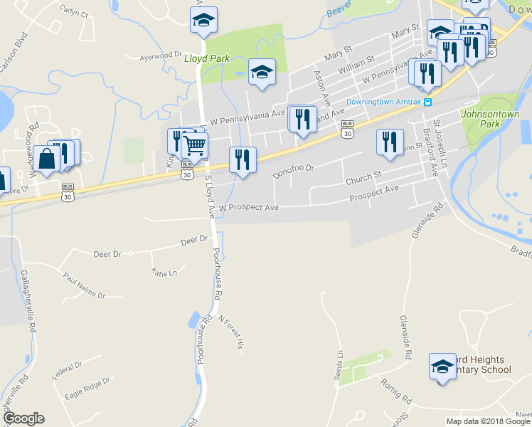 map of restaurants, bars, coffee shops, grocery stores, and more near 462 West Prospect Avenue in Downingtown