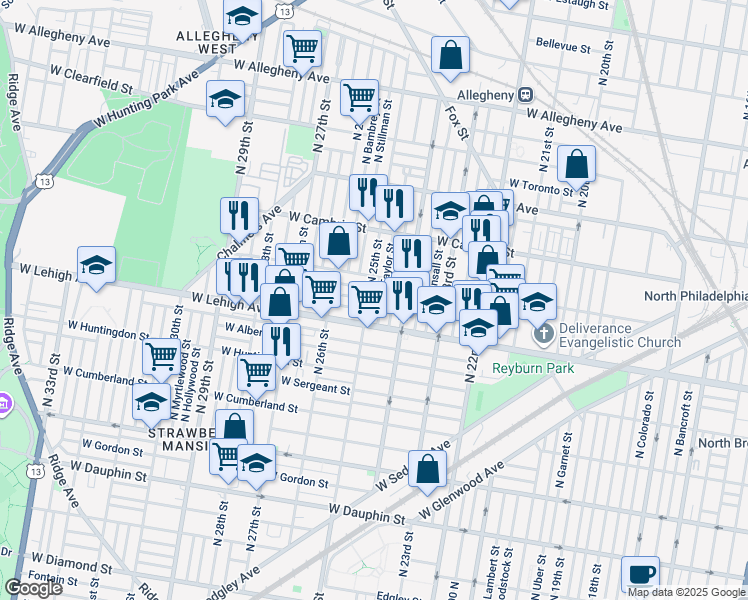 map of restaurants, bars, coffee shops, grocery stores, and more near 2735 North 25th Street in Philadelphia