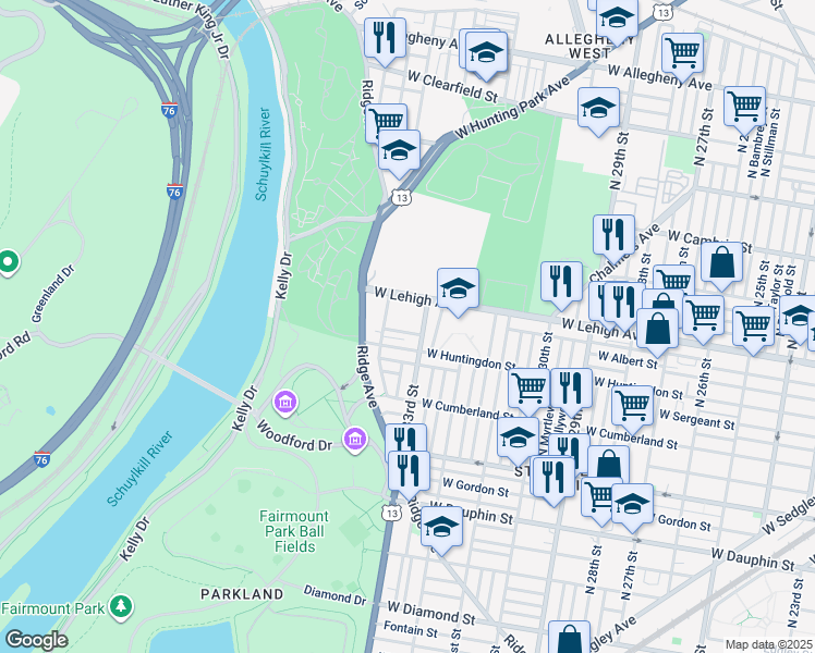 map of restaurants, bars, coffee shops, grocery stores, and more near 3317 West Harold Street in Philadelphia
