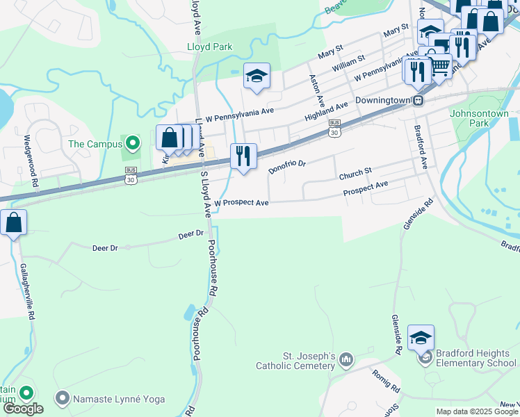 map of restaurants, bars, coffee shops, grocery stores, and more near 462 West Prospect Avenue in Downingtown