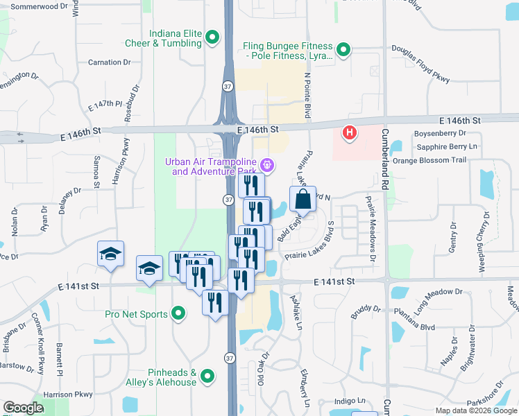map of restaurants, bars, coffee shops, grocery stores, and more near 14350 Mundy Drive in Noblesville