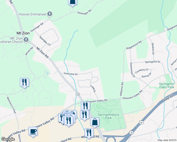 map of restaurants, bars, coffee shops, grocery stores, and more near 3381 Overview Drive in York