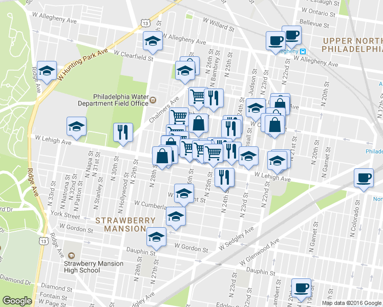 map of restaurants, bars, coffee shops, grocery stores, and more near 2605 West Sterner Street in Philadelphia