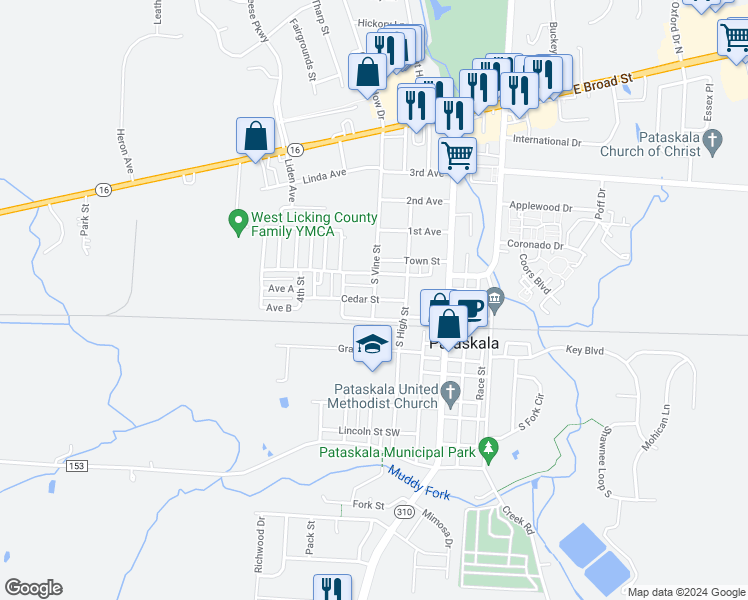map of restaurants, bars, coffee shops, grocery stores, and more near South Vine Street & Cedar Street in Pataskala