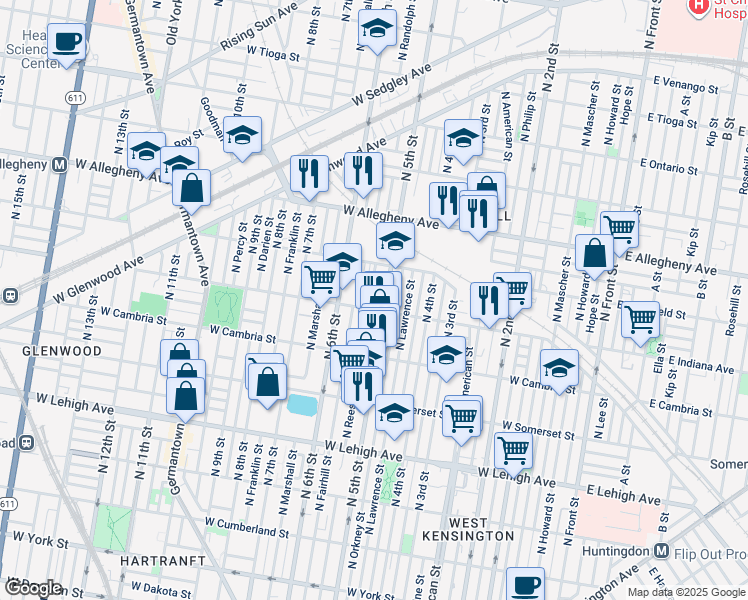map of restaurants, bars, coffee shops, grocery stores, and more near 3013 North Reese Street in Philadelphia