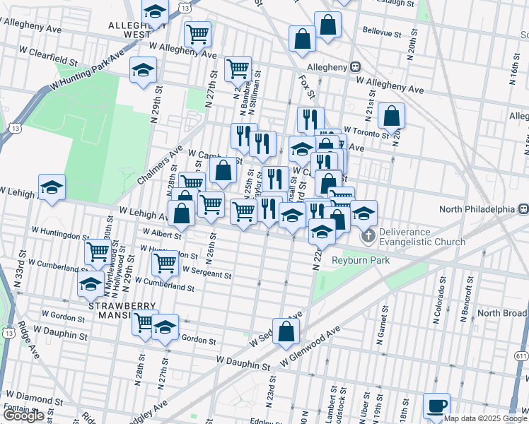map of restaurants, bars, coffee shops, grocery stores, and more near 2743 North Ringgold Street in Philadelphia