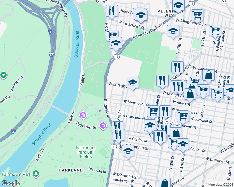 map of restaurants, bars, coffee shops, grocery stores, and more near 3323 West Harold Street in Philadelphia