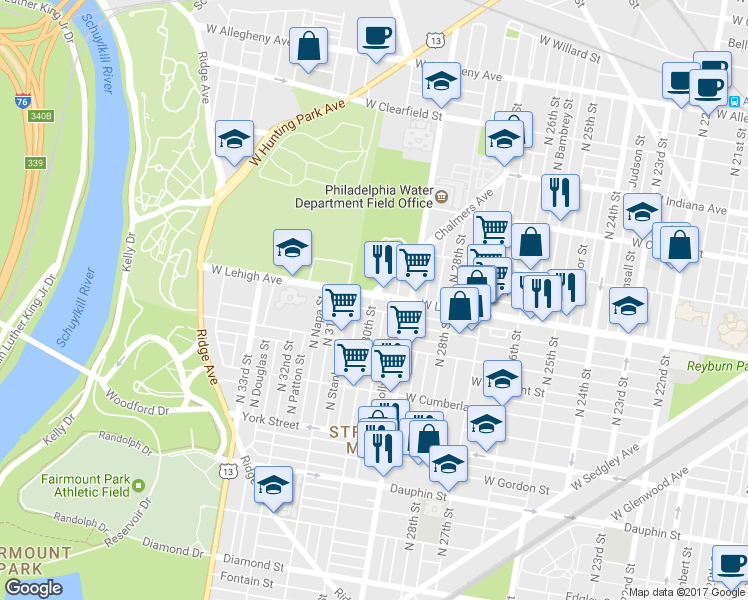 map of restaurants, bars, coffee shops, grocery stores, and more near 2950 West Lehigh Avenue in Philadelphia