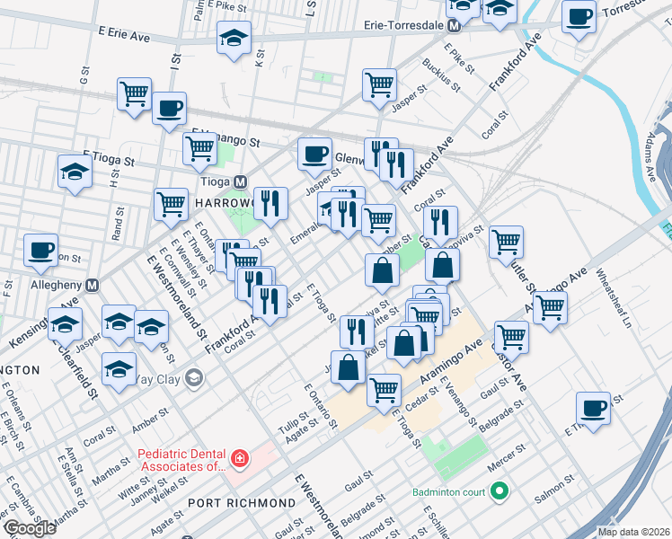 map of restaurants, bars, coffee shops, grocery stores, and more near 3543 Frankford Avenue in Philadelphia