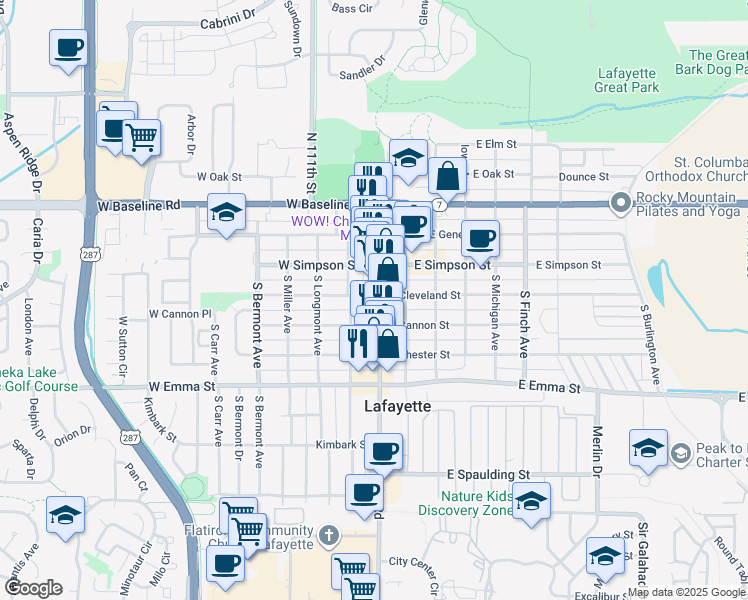 map of restaurants, bars, coffee shops, grocery stores, and more near 105 East Cleveland Street in Lafayette