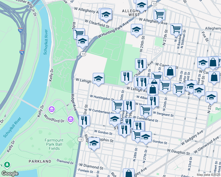 map of restaurants, bars, coffee shops, grocery stores, and more near 2654 North 31st Street in Philadelphia
