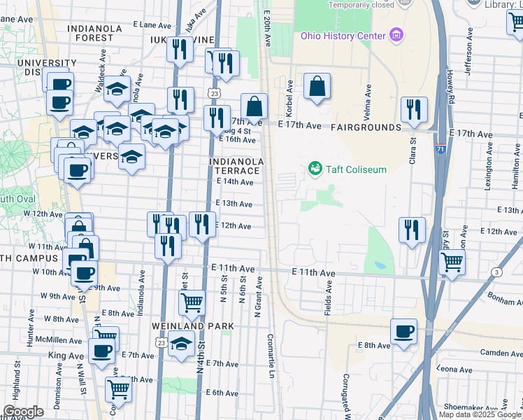 map of restaurants, bars, coffee shops, grocery stores, and more near 433 East 13th Avenue in Columbus