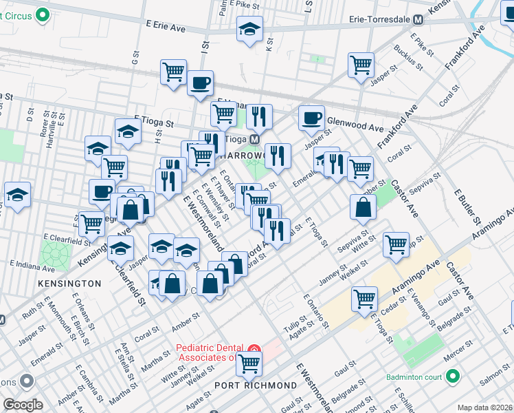 map of restaurants, bars, coffee shops, grocery stores, and more near 3422 Helen Street in Philadelphia