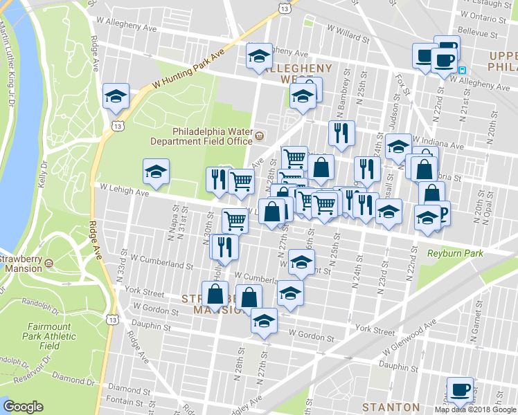 map of restaurants, bars, coffee shops, grocery stores, and more near 2811 West Lehigh Avenue in Philadelphia
