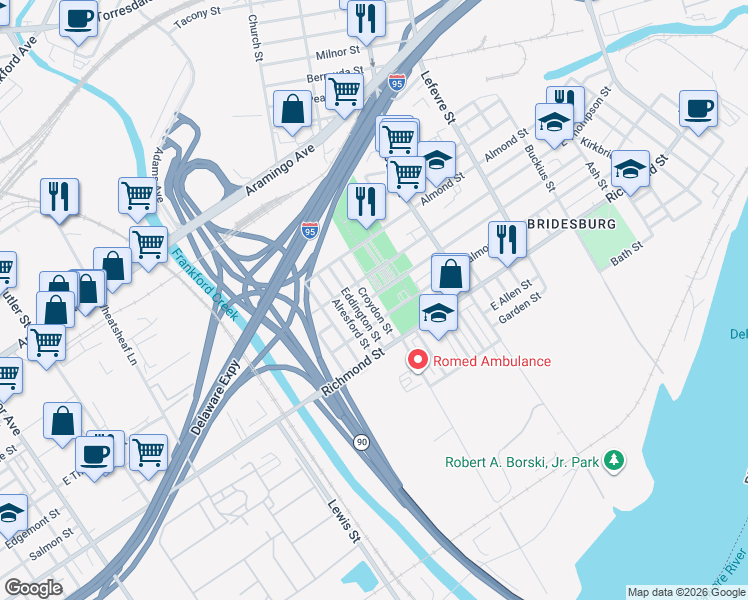 map of restaurants, bars, coffee shops, grocery stores, and more near 2641 Croydon Street in Philadelphia