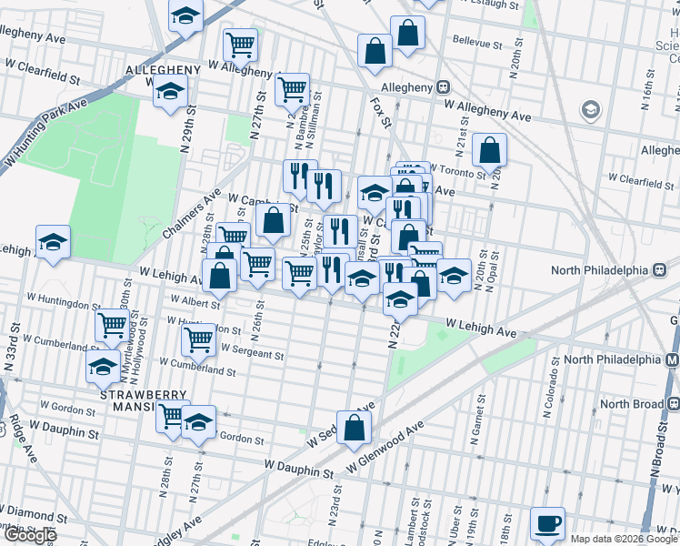 map of restaurants, bars, coffee shops, grocery stores, and more near 2763 North Ringgold Street in Philadelphia