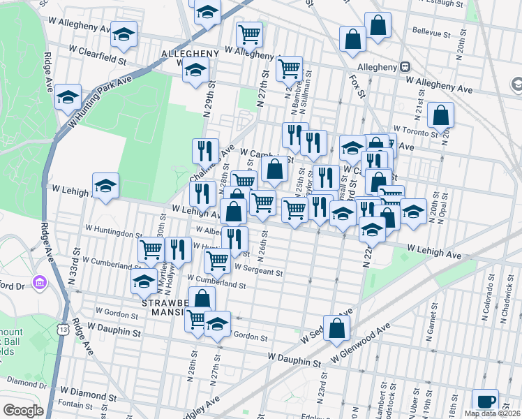 map of restaurants, bars, coffee shops, grocery stores, and more near 2606 West Seltzer Street in Philadelphia