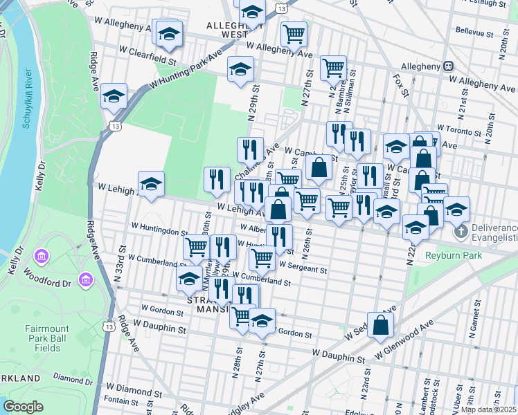 map of restaurants, bars, coffee shops, grocery stores, and more near 2807 West Lehigh Avenue in Philadelphia