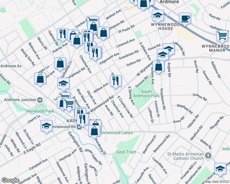 map of restaurants, bars, coffee shops, grocery stores, and more near 2419 Chestnut Avenue in Ardmore