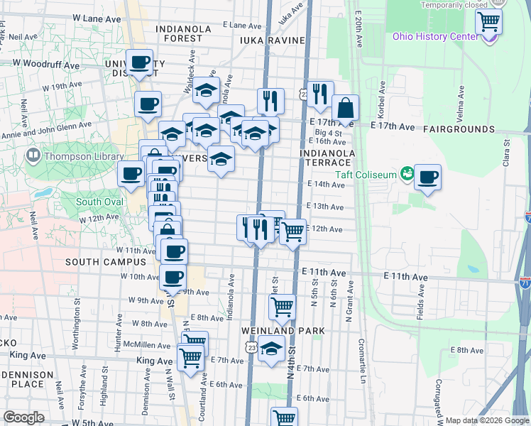 map of restaurants, bars, coffee shops, grocery stores, and more near in Columbus