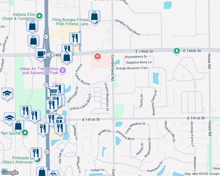 map of restaurants, bars, coffee shops, grocery stores, and more near 14376 Prairie Meadows Drive in Noblesville