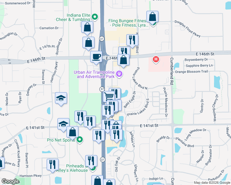 map of restaurants, bars, coffee shops, grocery stores, and more near 14350 Mundy Drive in Noblesville