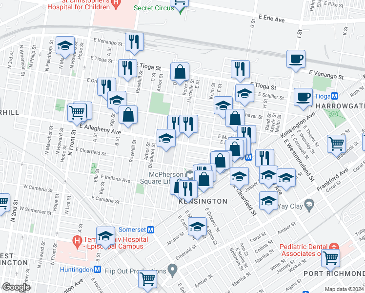 map of restaurants, bars, coffee shops, grocery stores, and more near 540 East Allegheny Avenue in Philadelphia