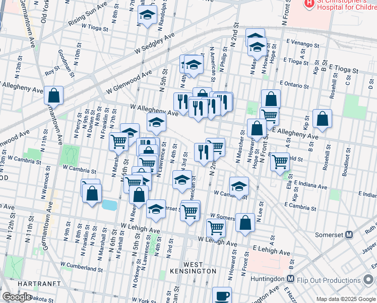 map of restaurants, bars, coffee shops, grocery stores, and more near 3033 North 3rd Street in Philadelphia
