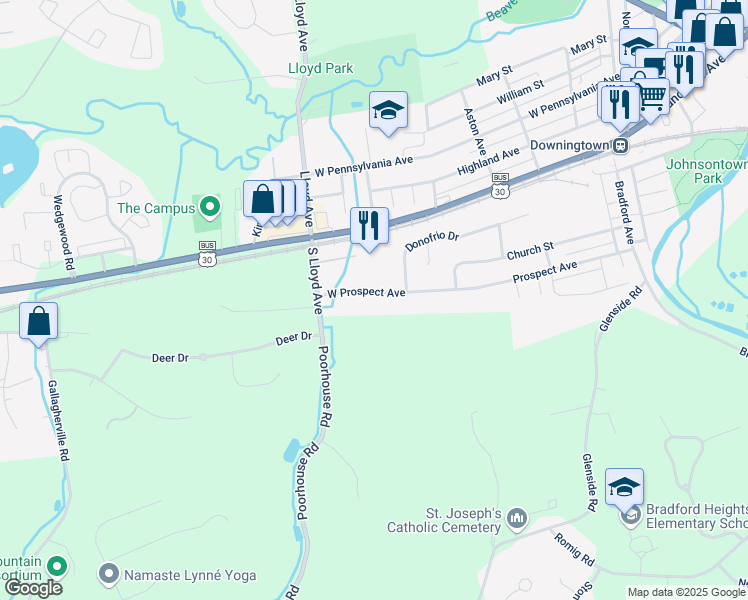 map of restaurants, bars, coffee shops, grocery stores, and more near 474 West Prospect Avenue in Downingtown