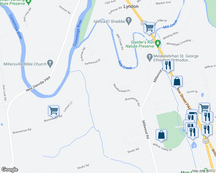 map of restaurants, bars, coffee shops, grocery stores, and more near 336 Wendover Way in Lancaster
