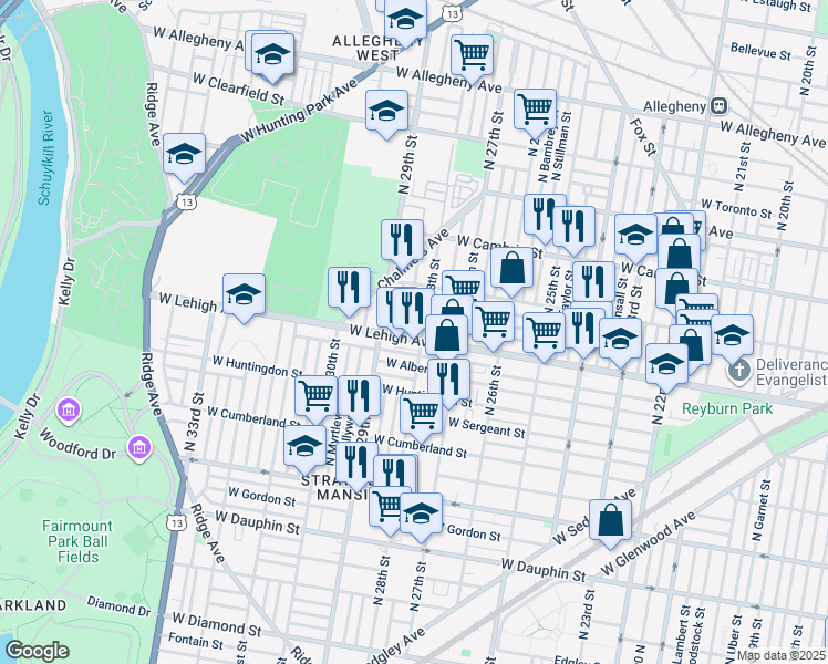 map of restaurants, bars, coffee shops, grocery stores, and more near 2807 West Lehigh Avenue in Philadelphia