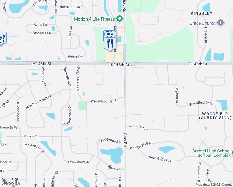 map of restaurants, bars, coffee shops, grocery stores, and more near 14308 Mccormick Circle in Carmel