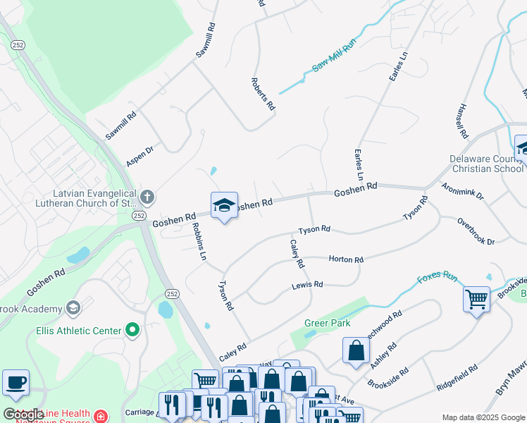map of restaurants, bars, coffee shops, grocery stores, and more near 3512 Goshen Road in Newtown Square