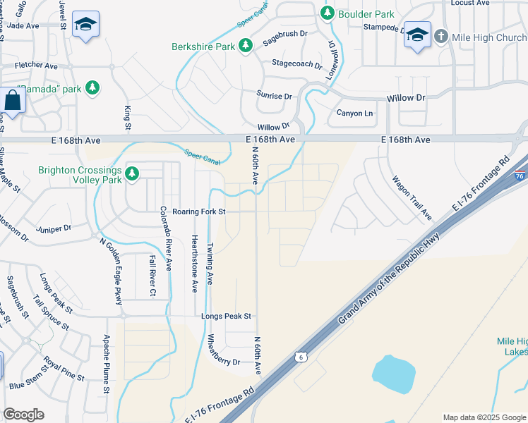 map of restaurants, bars, coffee shops, grocery stores, and more near 21740 East 168th Avenue in Lochbuie