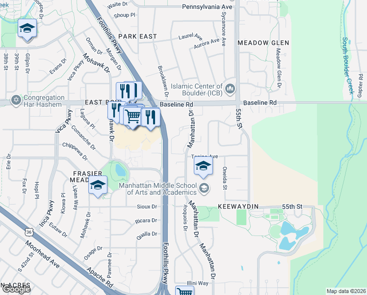 map of restaurants, bars, coffee shops, grocery stores, and more near 21 Manhattan Drive in Boulder