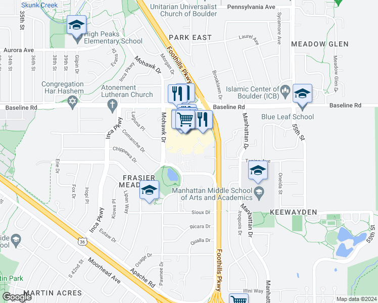 map of restaurants, bars, coffee shops, grocery stores, and more near 4800 Baseline Road in Boulder