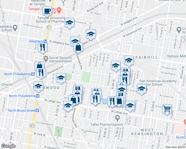 map of restaurants, bars, coffee shops, grocery stores, and more near 911 West Indiana Avenue in Philadelphia