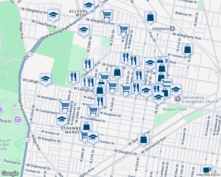 map of restaurants, bars, coffee shops, grocery stores, and more near 2619 West Sterner Street in Philadelphia