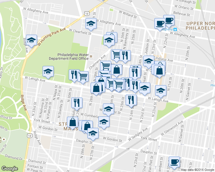 map of restaurants, bars, coffee shops, grocery stores, and more near in Philadelphia
