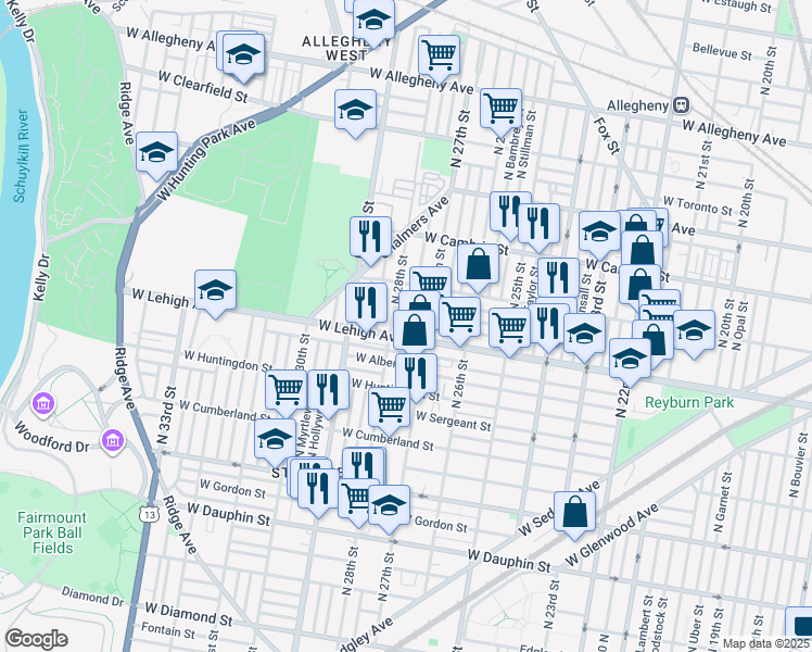 map of restaurants, bars, coffee shops, grocery stores, and more near 2726 North 28th Street in Philadelphia