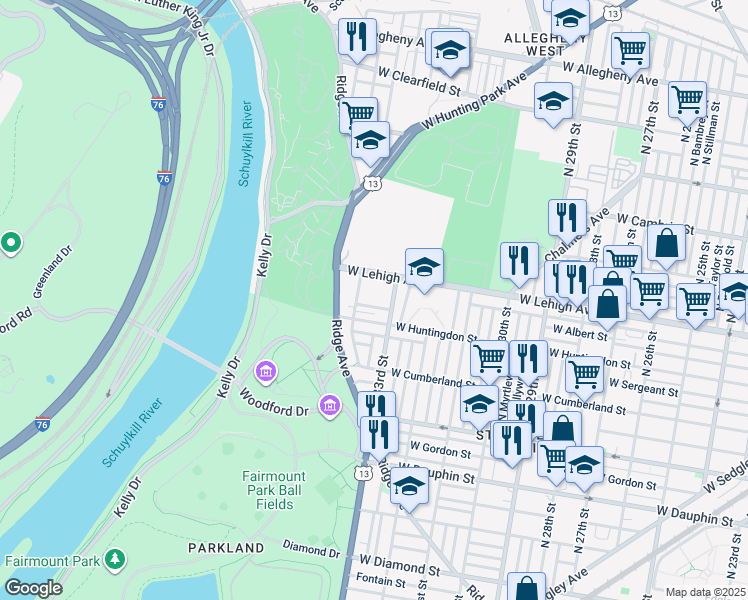 map of restaurants, bars, coffee shops, grocery stores, and more near 2635 North 34th Street in Philadelphia