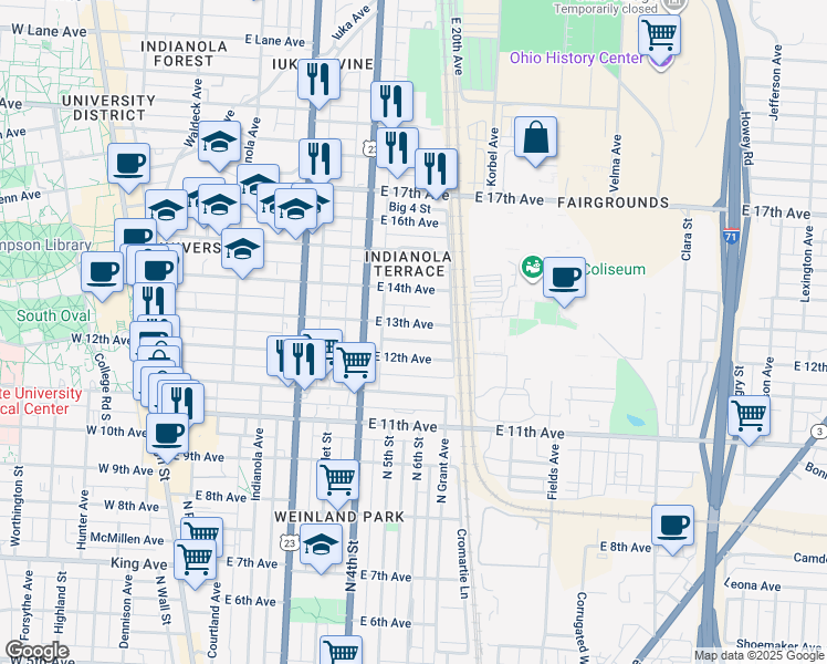 map of restaurants, bars, coffee shops, grocery stores, and more near 408 East 13th Avenue in Columbus