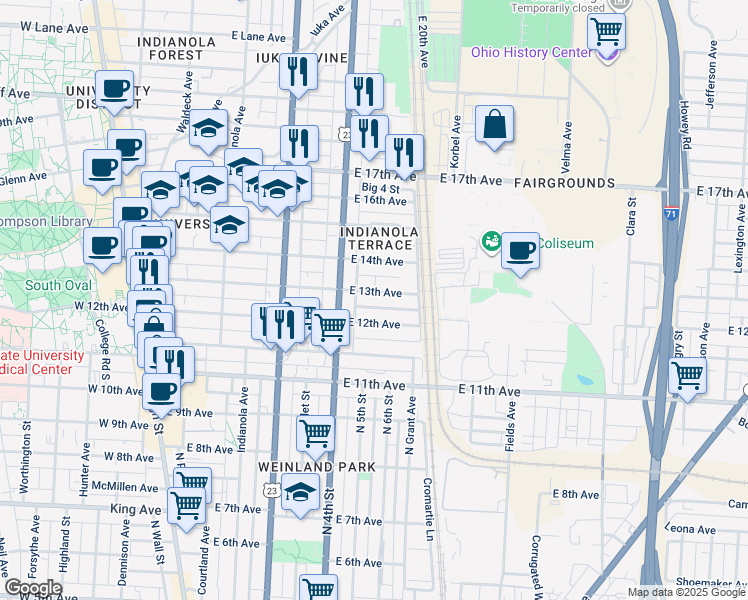 map of restaurants, bars, coffee shops, grocery stores, and more near 350 East 13th Avenue in Columbus