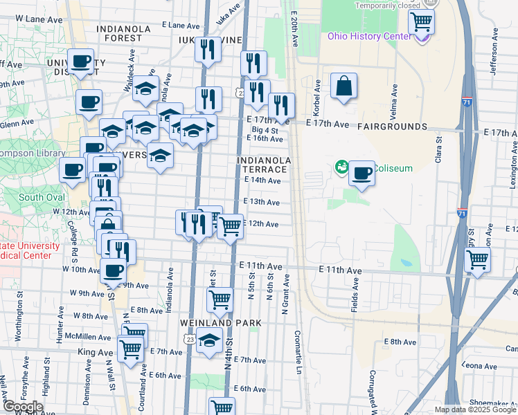 map of restaurants, bars, coffee shops, grocery stores, and more near 350 East 13th Avenue in Columbus