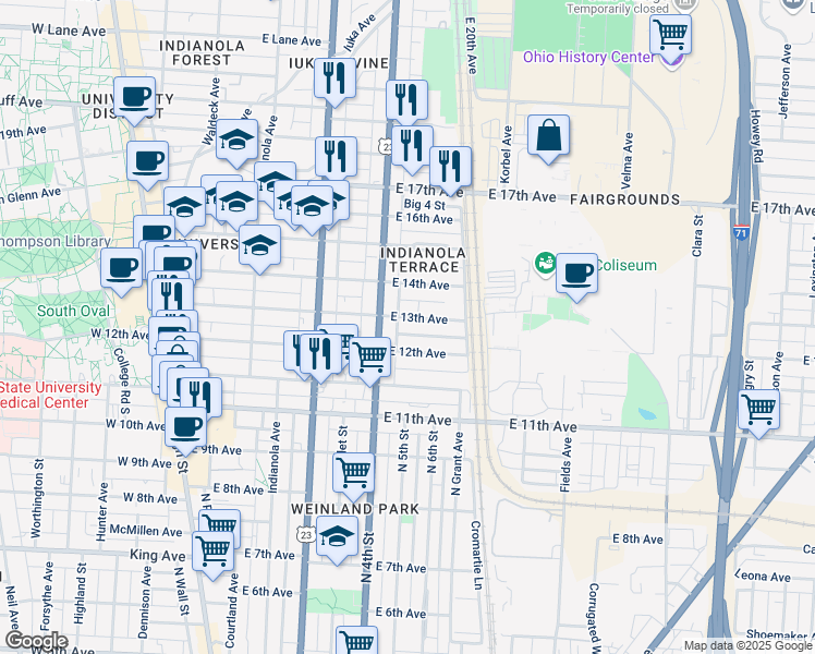 map of restaurants, bars, coffee shops, grocery stores, and more near 350 East 13th Avenue in Columbus