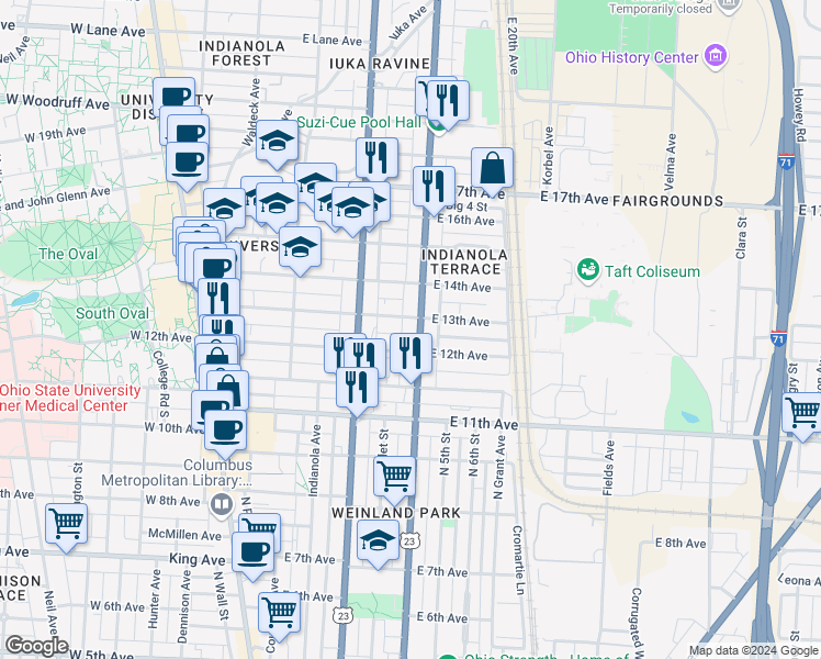 map of restaurants, bars, coffee shops, grocery stores, and more near 300 East 13th Avenue in Columbus