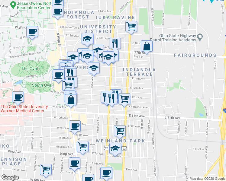 map of restaurants, bars, coffee shops, grocery stores, and more near in Columbus