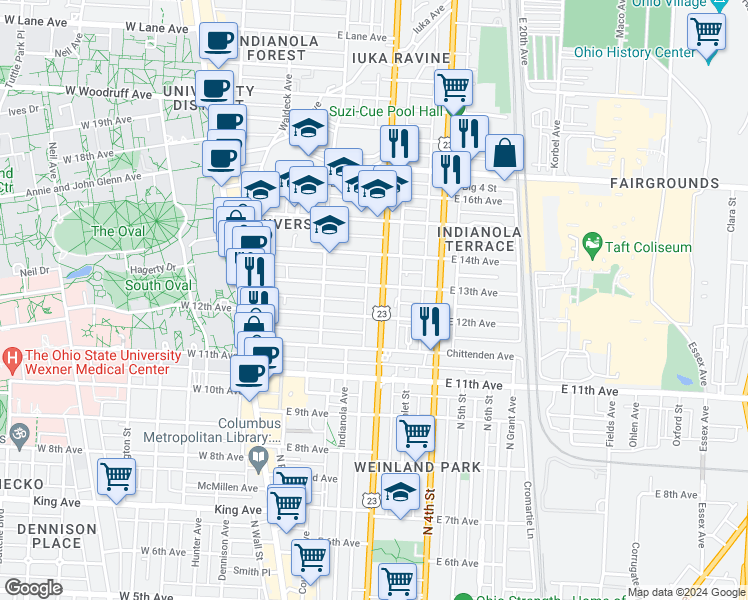 map of restaurants, bars, coffee shops, grocery stores, and more near in Columbus